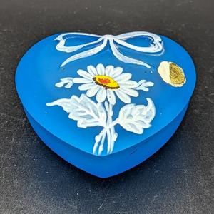 Vintage Westmoreland Blue Glass Hand Painted Daisy Small Trinket Dish As Is